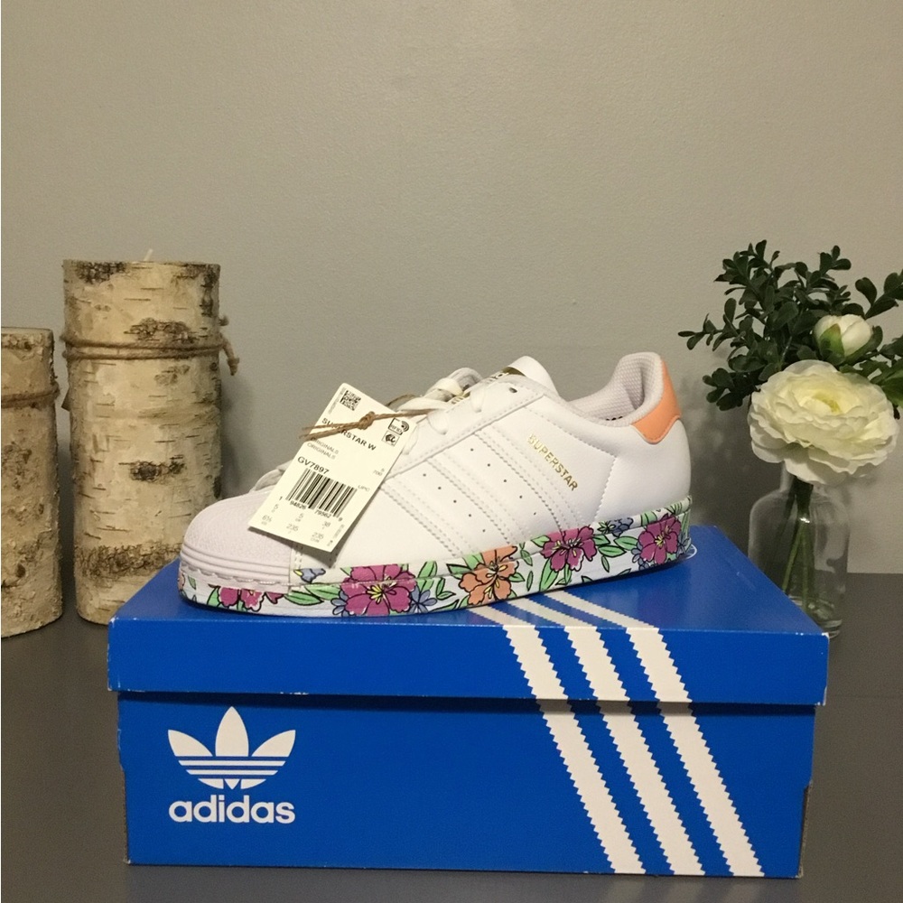 NWT Adidas Superstar White with Floral and Orange Accents